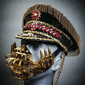 Luxury Black Golden Captain Party Military Cap Hat w/ Halloween Gold Mouth Mask
